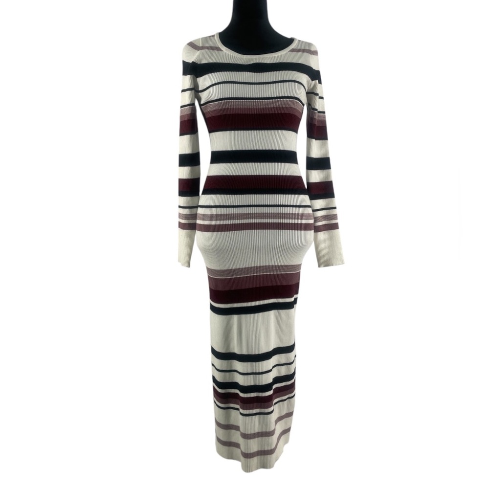Stripped sweater dress,Multi colored, white, black,Maroon,long sleeve, Large